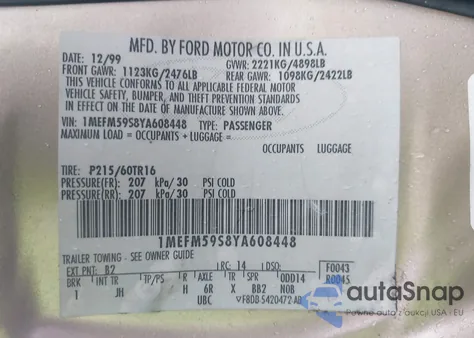 2000 Mercury Sable Ls Premium z USA, uszkodzony, nr VIN 1MEFM59S8YA608448